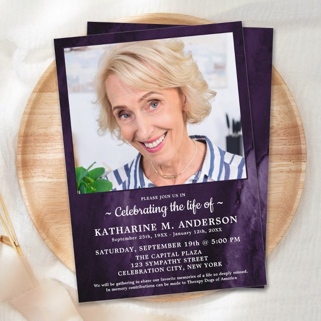 Convite Celebração Do Funeral Funeral Moderno Roxo Marble (Criador carregado)