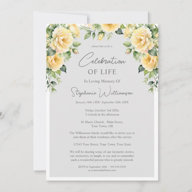 Convite Celebração do Life 4 Photo Yellow Rose Funeral (Frente)