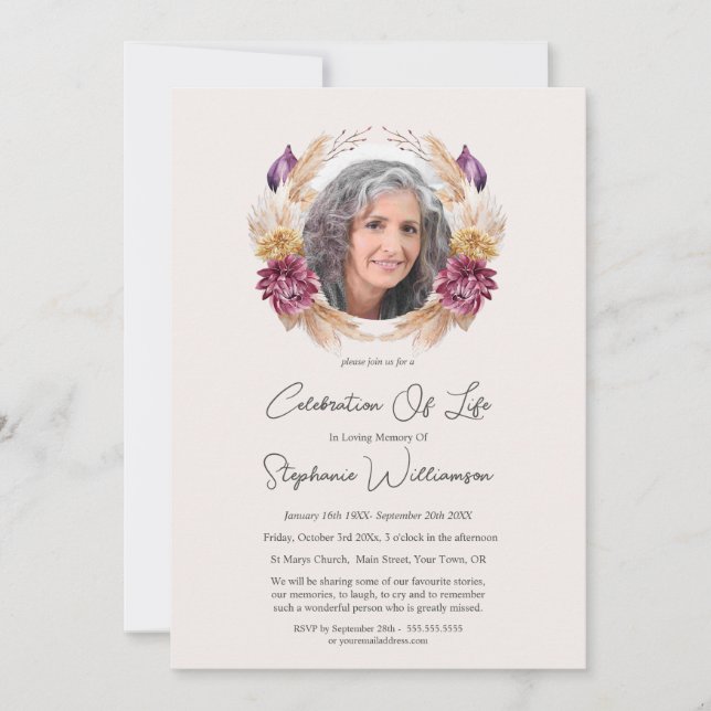 Convite Celebração do Life 5 Foto Autumn Floral Funeral (Frente)