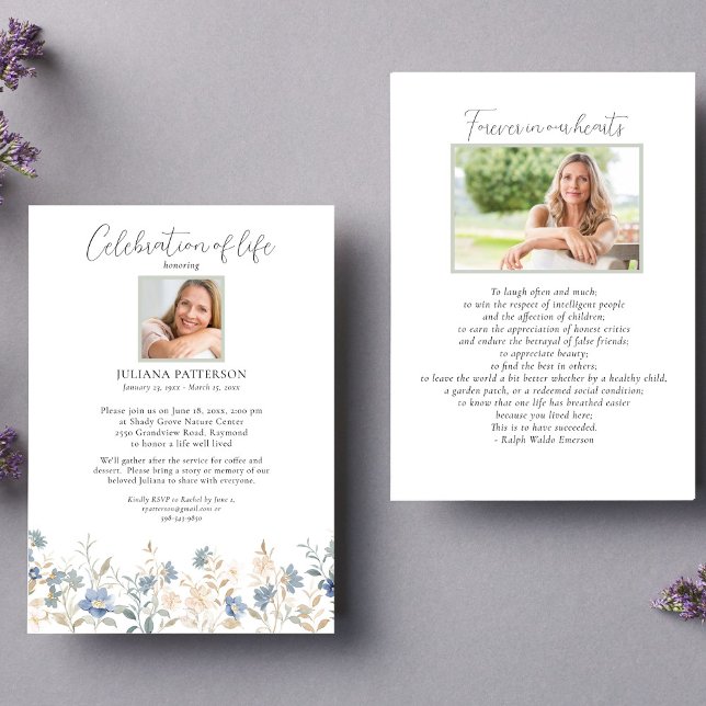 Convite Celebração do Life Blue Wildflower Foto funeral (Criador carregado)