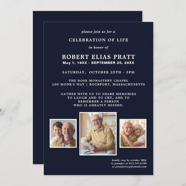Convite Celebração do Life Dark Blue White 3 Foto (Frente/Verso)