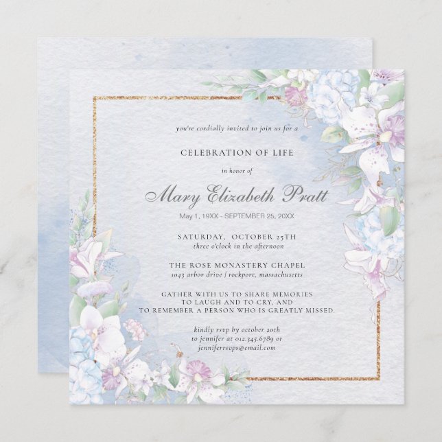 Convite Celebração do Life Dusty Blue e White Floral (Frente/Verso)
