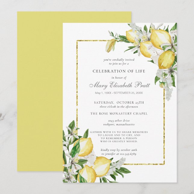 Convite Celebração do Life Memorial Service Lemon Invitat (Frente/Verso)