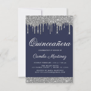 Convite Celebração do Marinho Blue Silver Glitter Quince