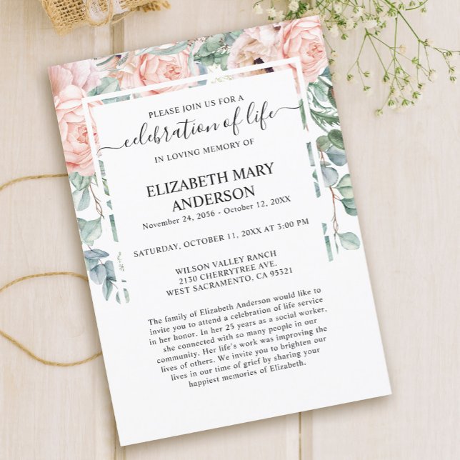 Convite Celebração do Memorial do Funeral Memorial Pink Bl (Criador carregado)