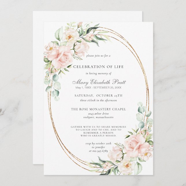 Convite Celebração do Memorial Funeral Pink Floral (Frente/Verso)
