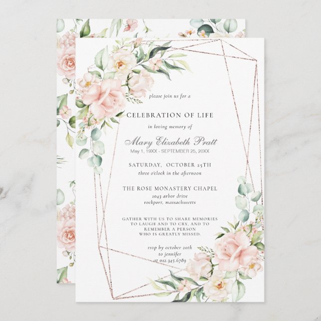 Convite Celebração do Memorial Funeral Pink Floral (Frente/Verso)
