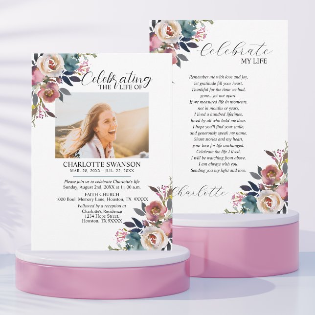 Convite Celebração do Memorial Life Floral Photo & Poem (Criador carregado)