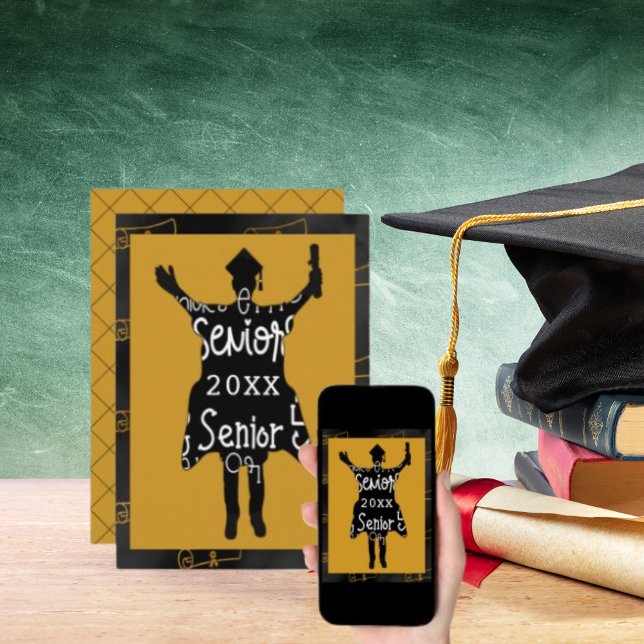 Convite Celebração do partido Dourado Silhouette Formando  (Senior Graduate Silhouette Gold Party Celebration Invitation)