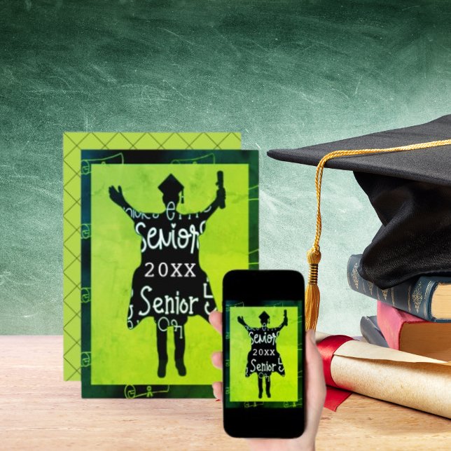 Convite Celebração do Partido Verde Silhouette Formando ma (Senior Graduate Silhouette Green Party Celebrate Invitation)