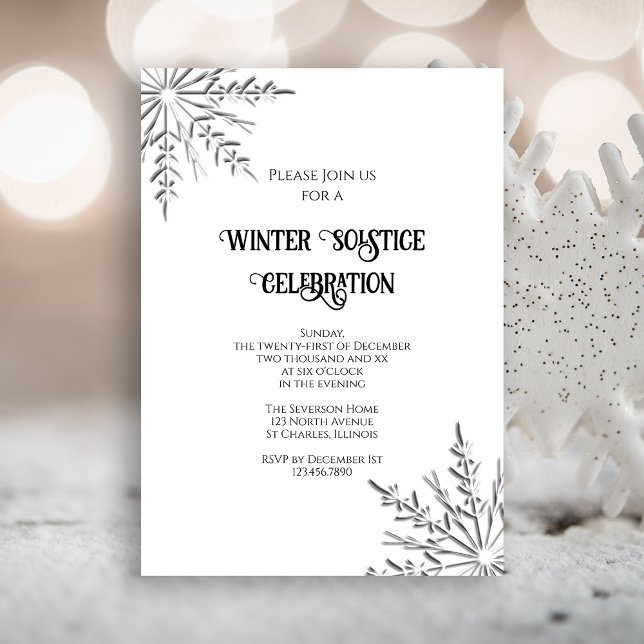 Convite Celebração do Solstício de Inverno em Floco de Nev (Invite guests to your wintery party with the elegant Snowflakes Winter Solstice Invitation.)
