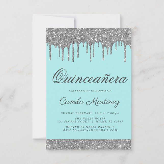 Convite Celebração do Teal Blue Silver Glitter Quinceañera (Frente)