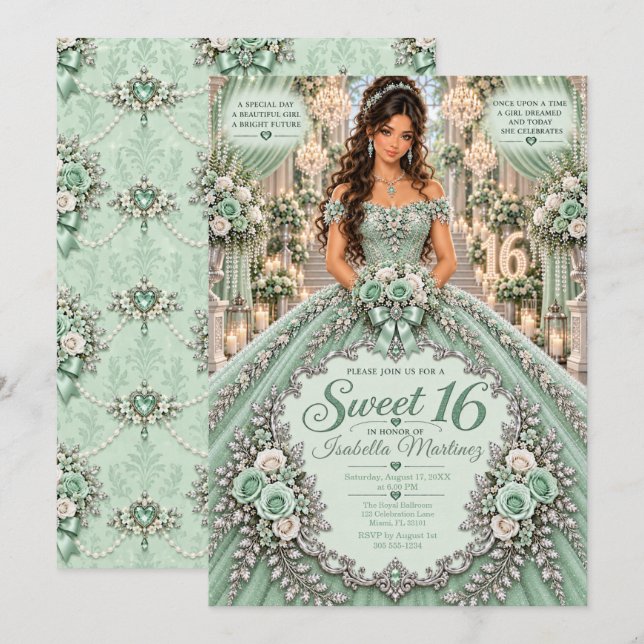 Convite Celebração Doce 16 em Verde Menta (Frente/Verso)