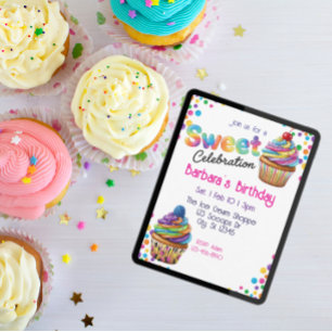 Convite Celebração Doce Colorido Cupcake Aniversário