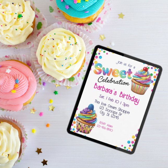 Convite Celebração Doce Colorido Cupcake Aniversário (Criador carregado)