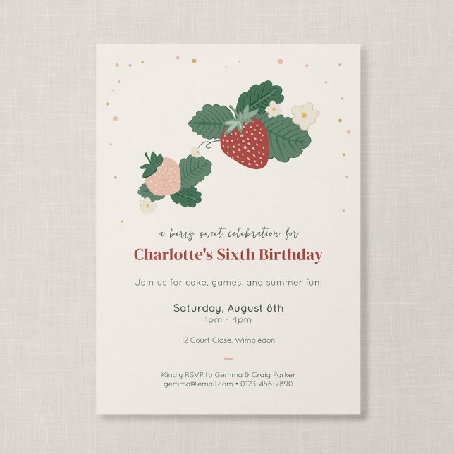 Convite Celebração Doce de Morango Aniversário de Crianças (Strawberry Garden - Berry Sweet Birthday Party Invitation)