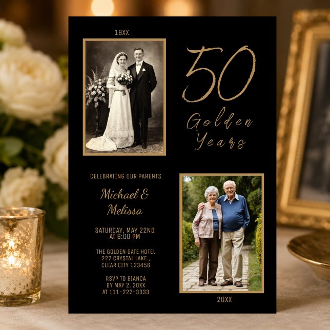 Convite Celebração dos 50 Anos de Ouro dos Pais (Elegant black and gold parents 50th anniversary invitation with timeless then and now photos.)