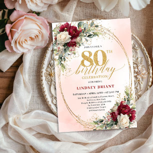 Convite Celebração dos 80 Anos Burgundy Bohemian Chic