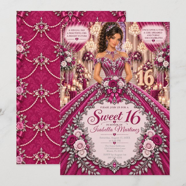Convite Celebração dos Doce 16 Magenta (Frente/Verso)