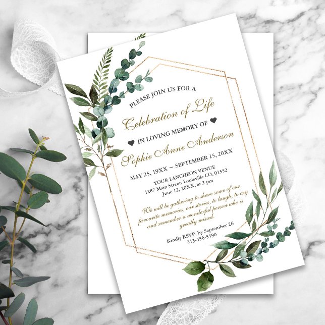 Convite Celebração Dourada de Greenery do Memorial Funeral (celebration of life funeral memorial elegant greenery invitation)