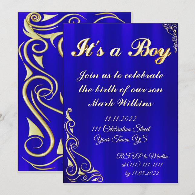 Convite Celebração Dourada e Azul de Nascimento do Menino (Frente/Verso)