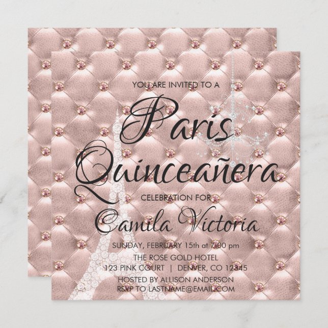 Convite Celebração Dourada Paris Quinceañera rosa rosa ros (Frente/Verso)