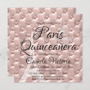 Convite Celebração Dourada Paris Quinceañera rosa rosa ros