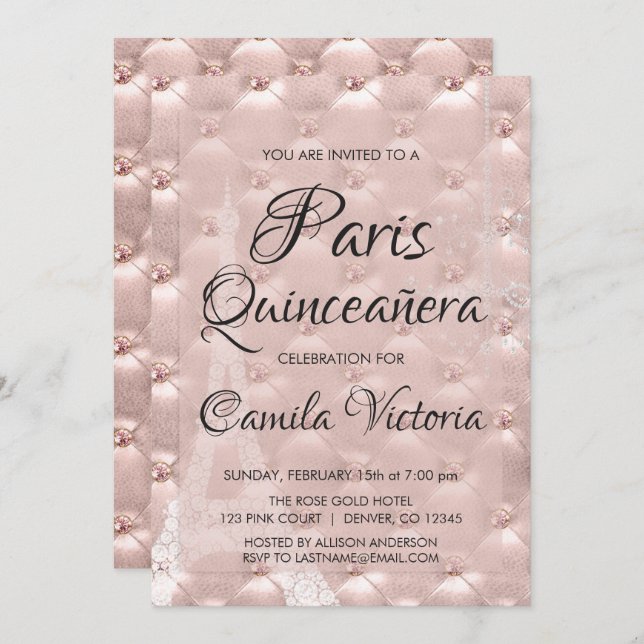 Convite Celebração Dourada Paris Quinceañera rosa rosa ros (Frente/Verso)