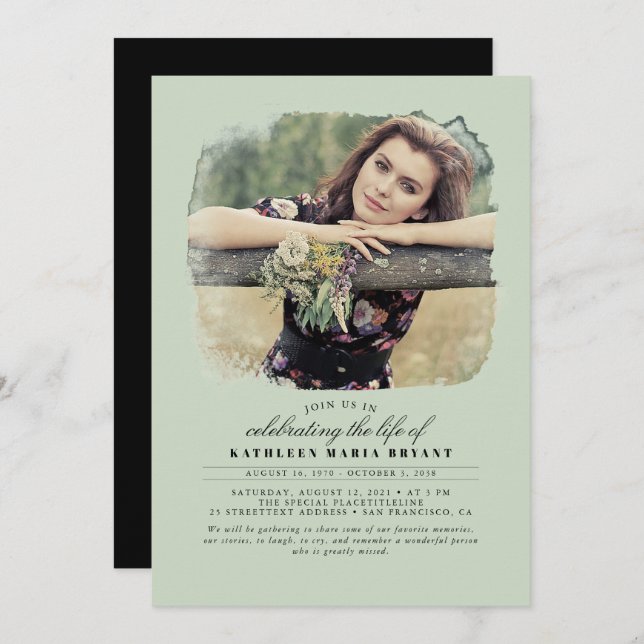 Convite Celebração Elegante Artística da Vida Foto Funeral (Frente/Verso)