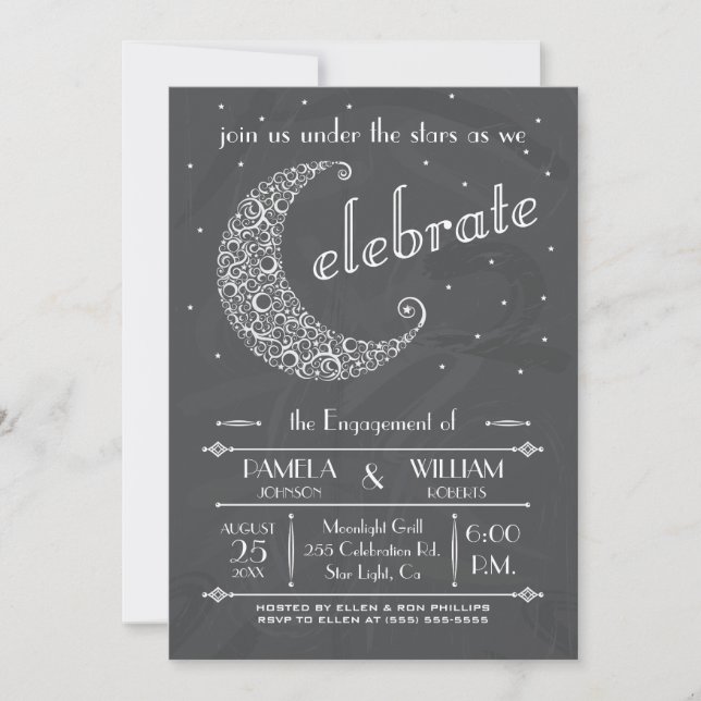 Convite Celebração Elegante da Lua em Quadro Negro (Frente)