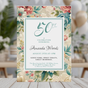 Convite Celebração Elegante de 50 anos florais