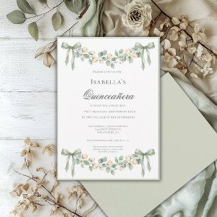 Convite Celebração Elegante de Quinceañera em Verde Salvia