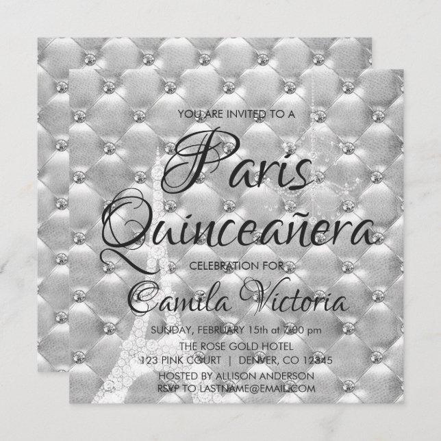 Convite Celebração Elegante de Silver Paris Quinceañera (Frente/Verso)