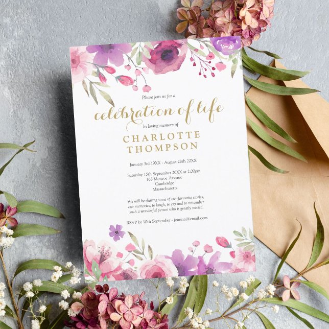 Convite Celebração Elegante do Funeral Floral da Vida (Criador carregado)