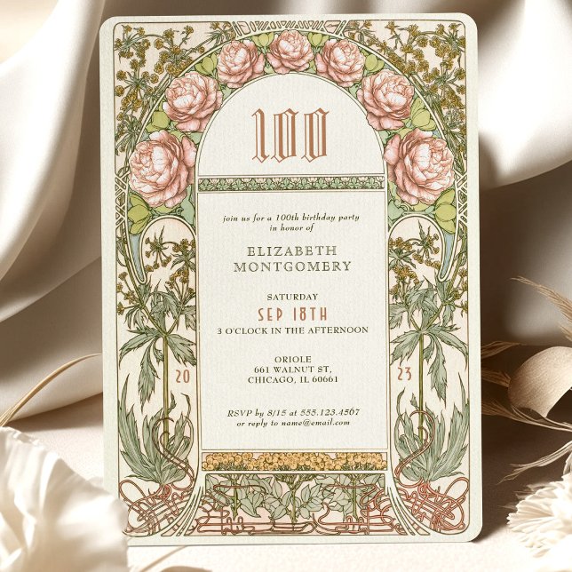 Convite Celebração Elegante Peony 100 Art Nouveau Mucha (Criador carregado)