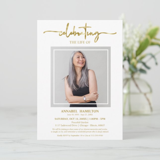 Convite Celebração Elegante Simples da Foto Funeral da Vid (Em pé/Frente)