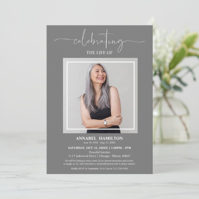 Convite Celebração Elegante Simples da Foto Funeral da Vid (Em pé/Frente)