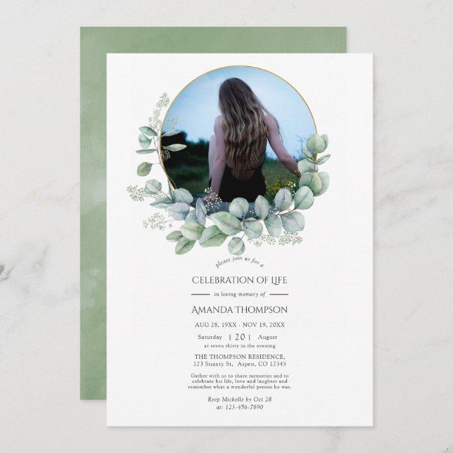 Convite Celebração Eucalyptus Watercolor de Foto de Vida (Frente/Verso)