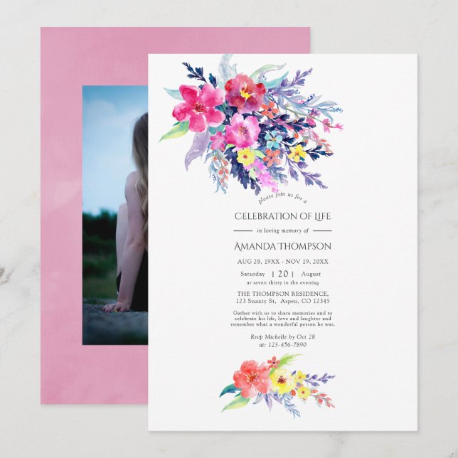 Convite Celebração Floral Colorida de Aquarela (Frente/Verso)