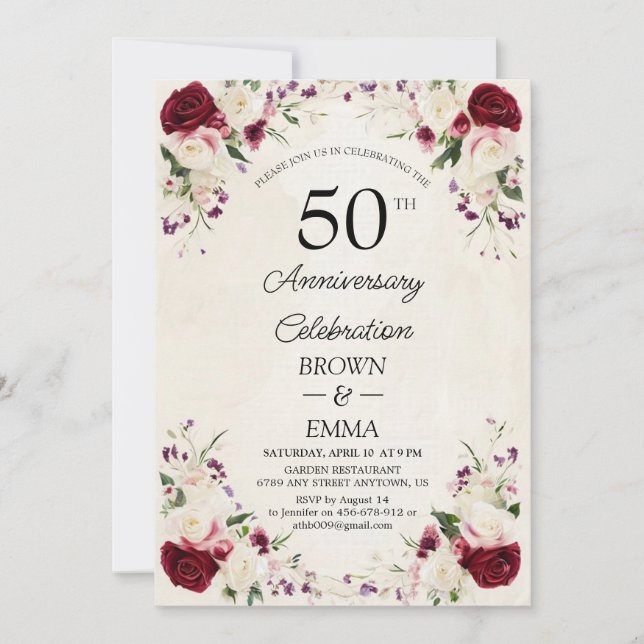 Convite Celebração Floral de Bodas de Ouro Elegante (Frente)
