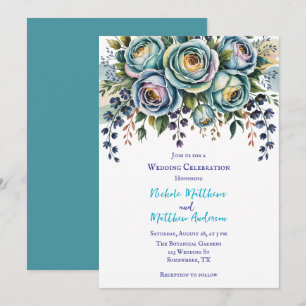 Convite Celebração Floral de Casamento de Turquesa Azul El