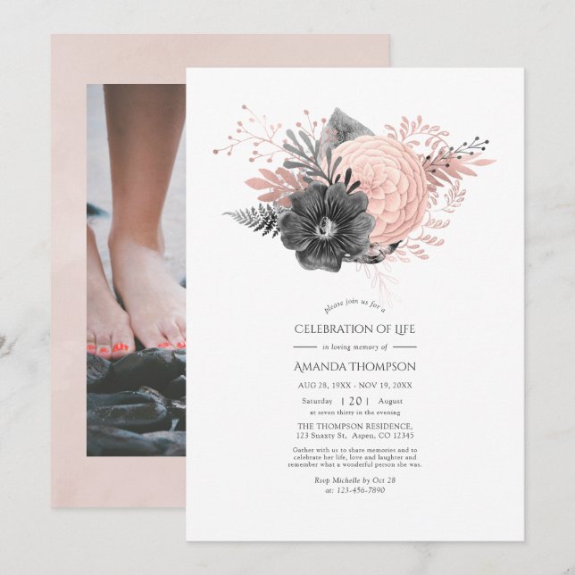 Convite Celebração Floral de Vida com Rosa e Carvão (Frente/Verso)