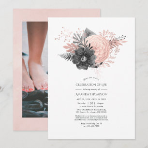 Convite Celebração Floral de Vida com Rosa e Carvão