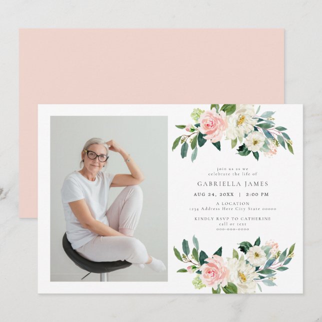 Convite Celebração Floral Elegante Blush do Funeral da Vid (Frente/Verso)