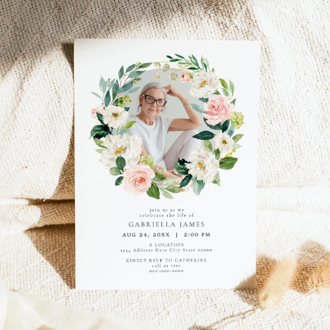 Convite Celebração Floral Elegante Blush do Funeral da Vid (Criador carregado)