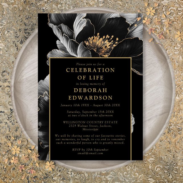 Convite Celebração Floral Preta E Dourada Da Vida (Black And Gold Elegant Floral Celebration Of Life Invitation)