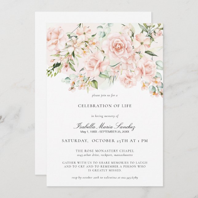 Convite Celebração Floral Rosa Elegante do Funeral da Vida (Frente/Verso)