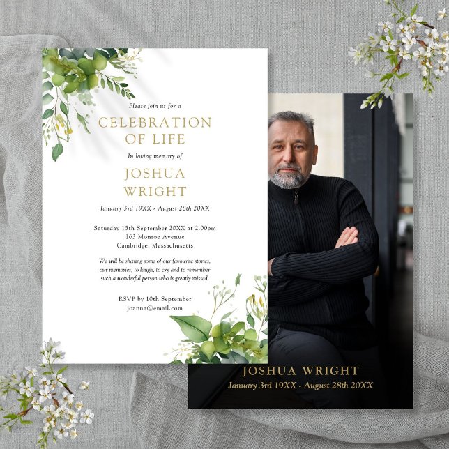 Convite Celebração Floral Verde de Vida Funeral Foto (Greenery Floral Celebration Of Life Funeral Photo Invitation)