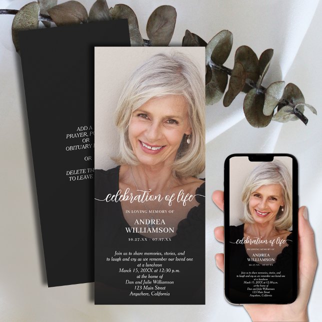 Convite Celebração Funeral da Foto da Vida (Funeral Celebration of Life invitations with photo on front, room to put details on the back)