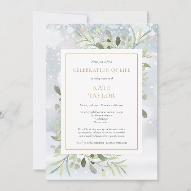 Convite Celebração Funeral da Vida em Greenery de inverno (Frente)
